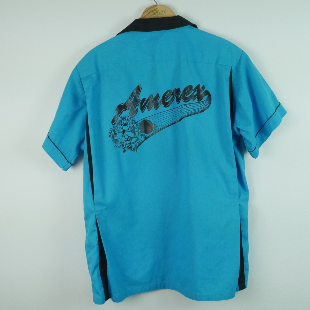 Vintage Hilton Mens Large Bowling Shirt Blue Amerex Graphic USA Rockabilly Retro